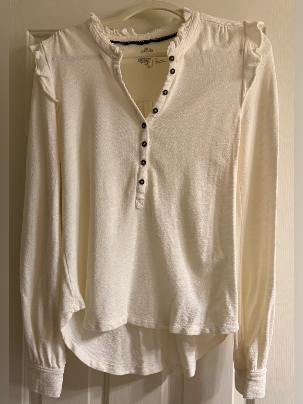 Pilcro Cream Long-Sleeve Henley with Ruffle Trim/size M
